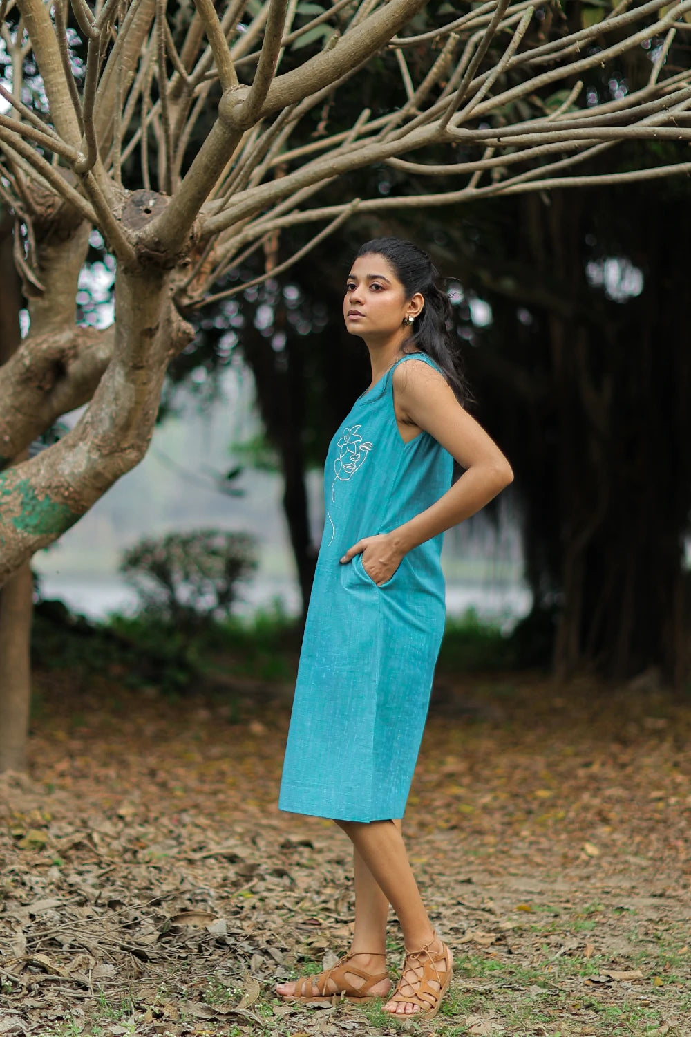 Elegant Turquoise Muse Cotton Dress for Festive and Ethnic Wear