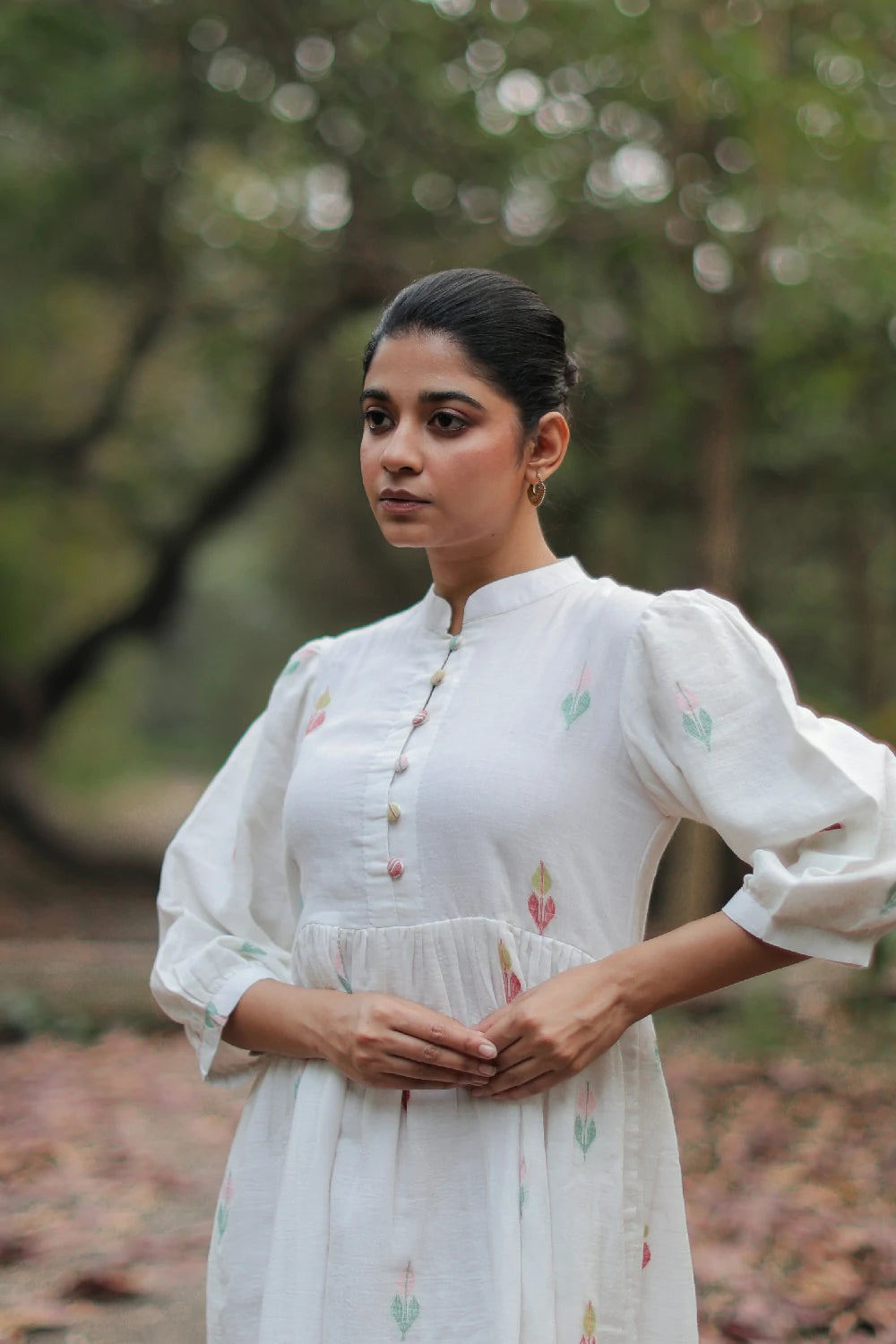 Elegant Whimsy White Cotton Jamdani Dress for Festive Wear