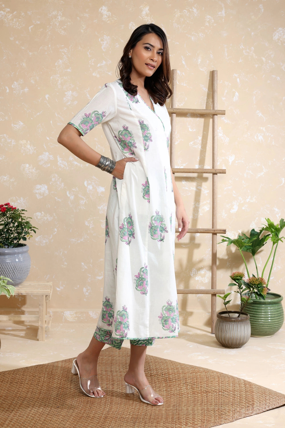 Elegant White and Green Block Print Cotton Kurta Set for Festive Wear