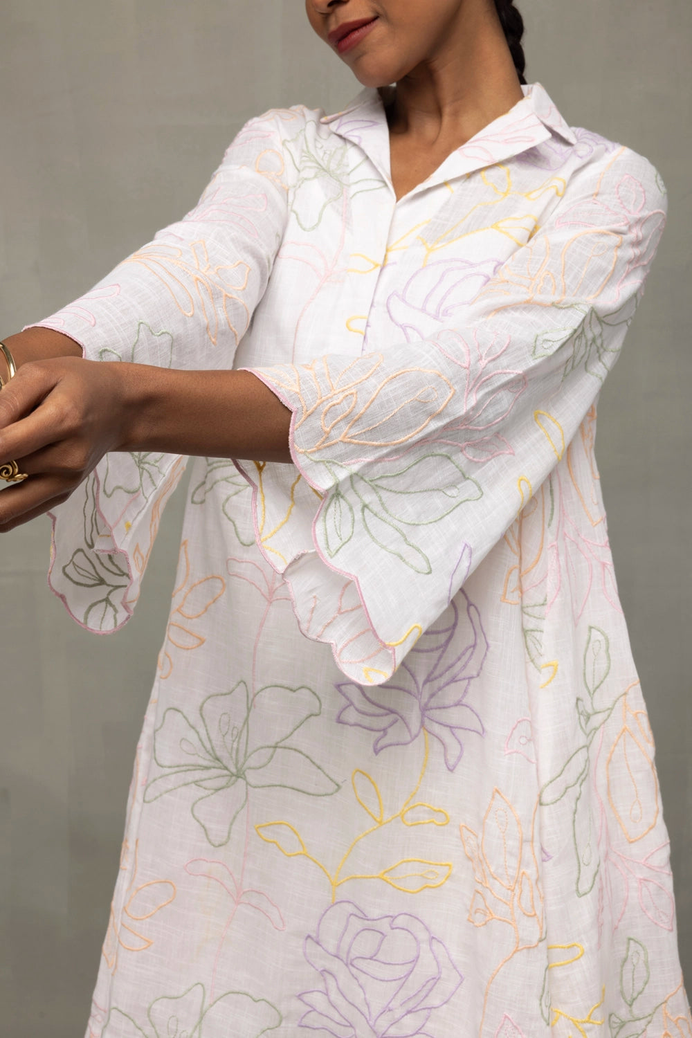 Elegant White Pastel Embroidered Pure Cotton Dress for Festive and Ethnic Wear