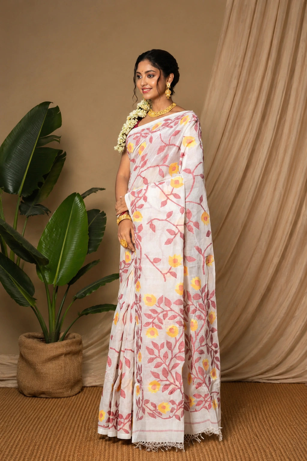 Handloom White & Red Pure Cotton Yellow Floral Motifs Jamdani Saree