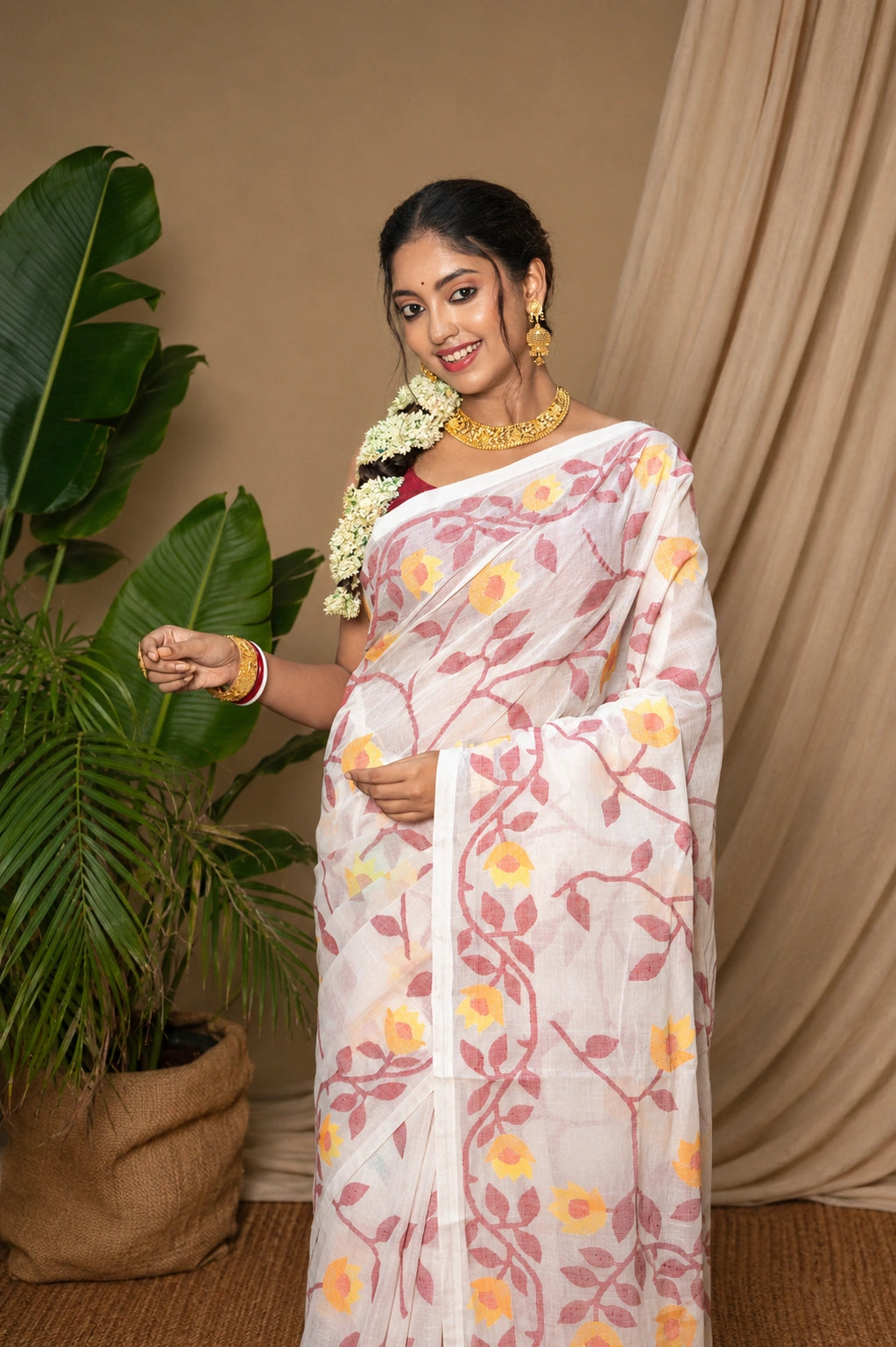 Handloom White & Red Pure Cotton Yellow Floral Motifs Jamdani Saree