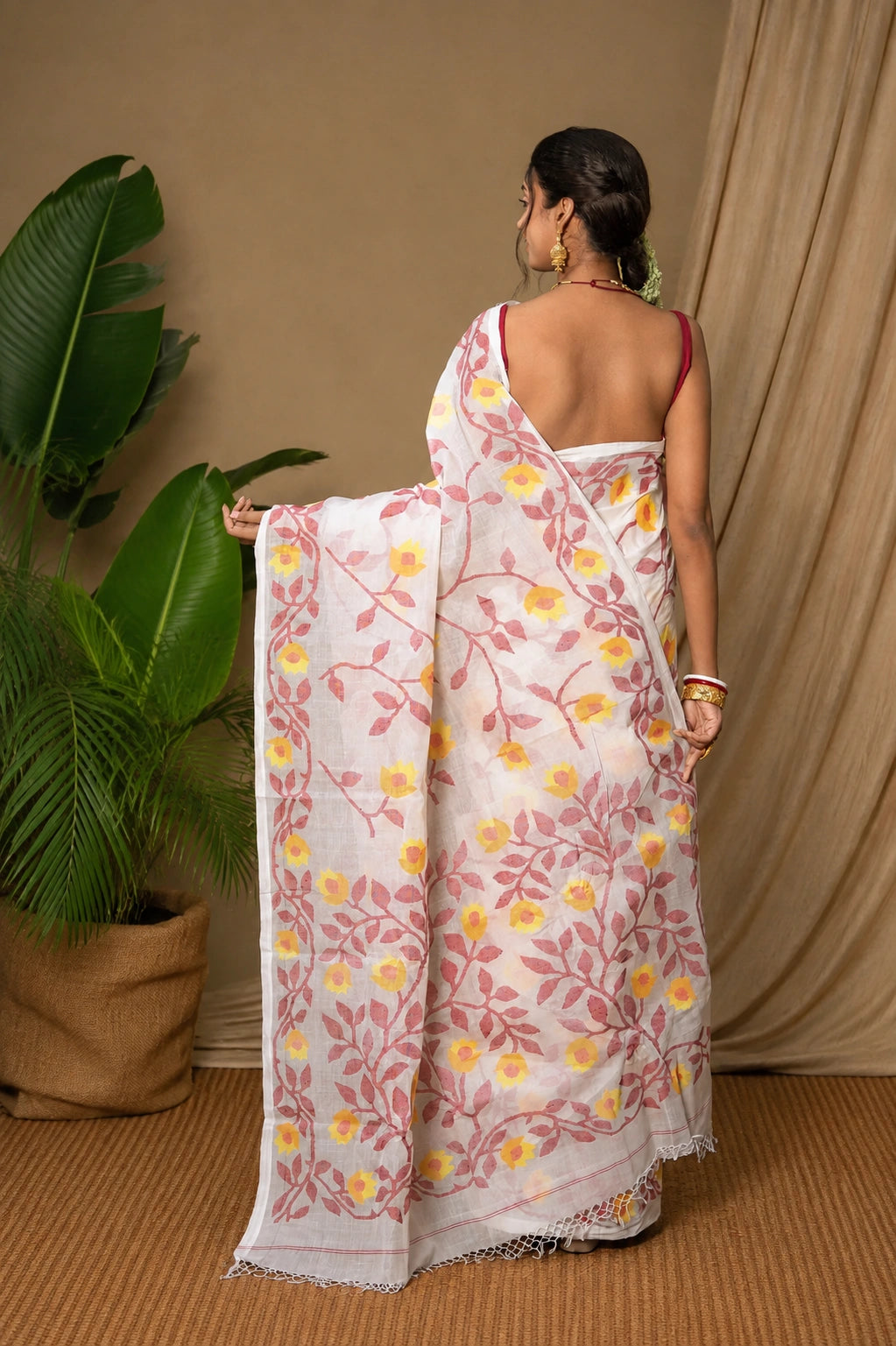 Handloom White & Red Pure Cotton Yellow Floral Motifs Jamdani Saree