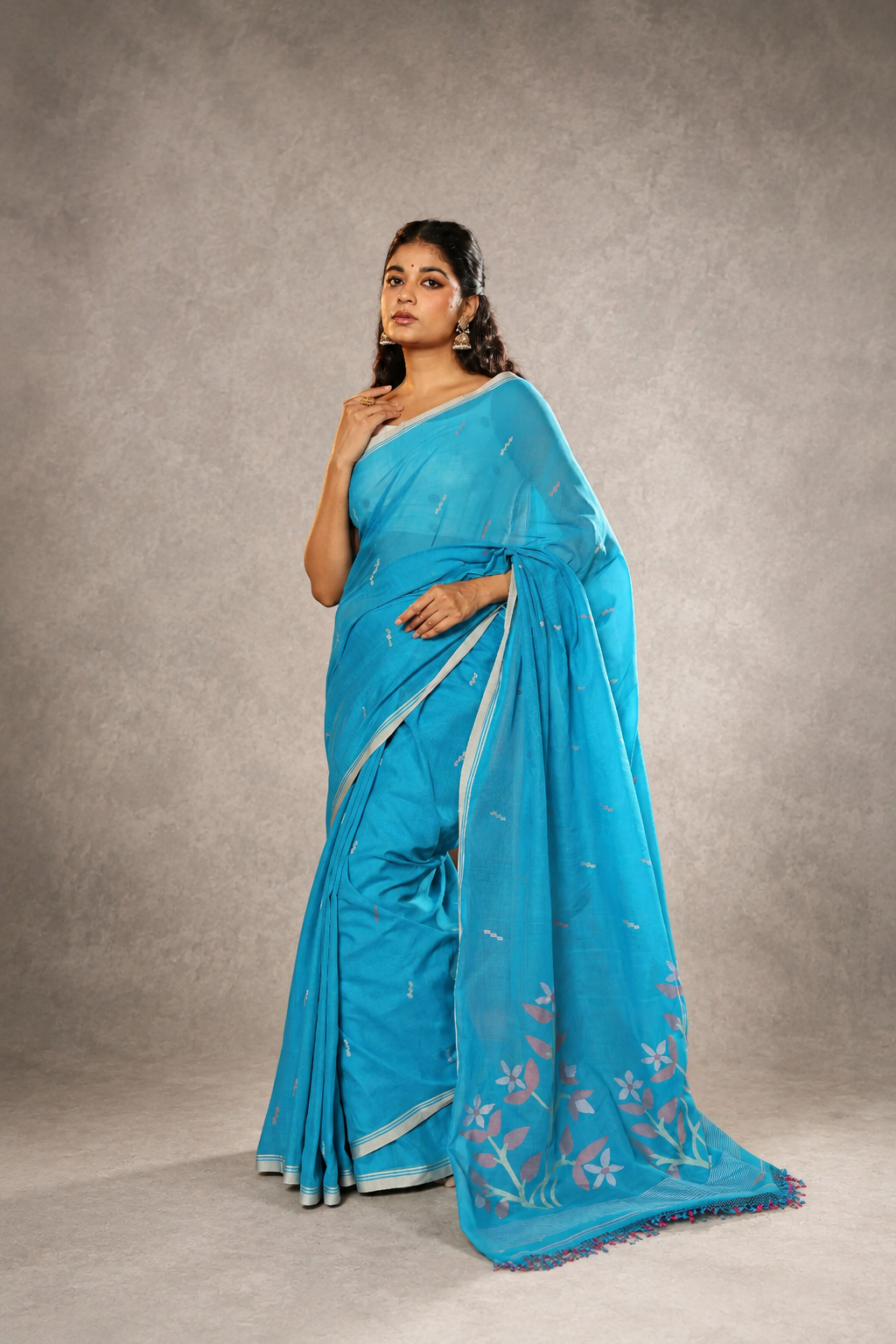 Firozi pure cotton Jamdani saree front view