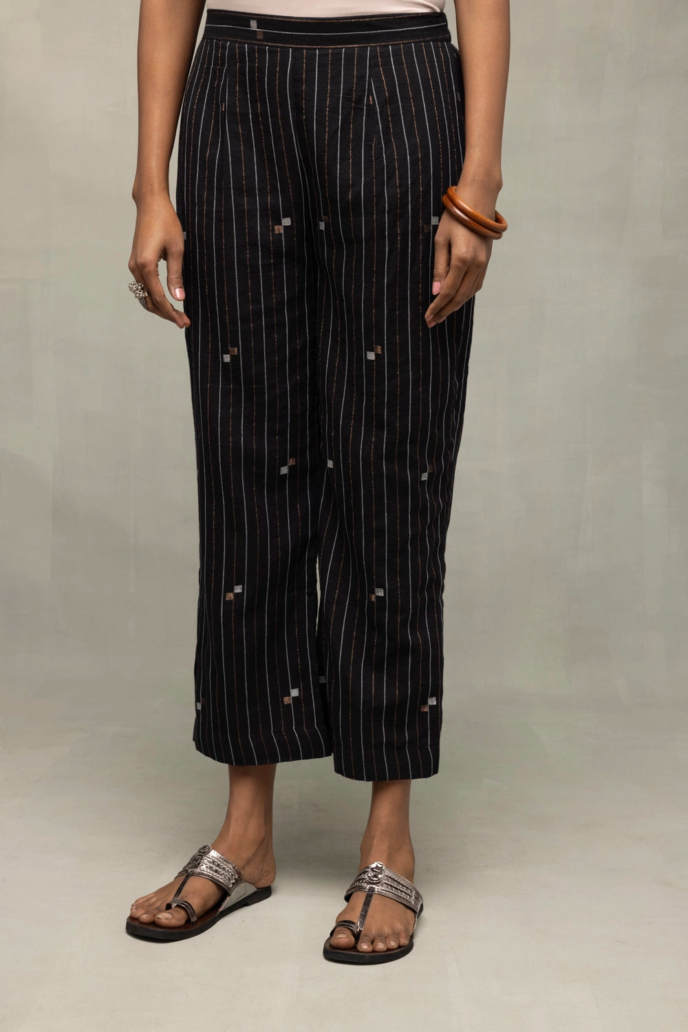 Full Length View of Black Jamdani Co-ord Set with Metallic Bronze Silver Motifs