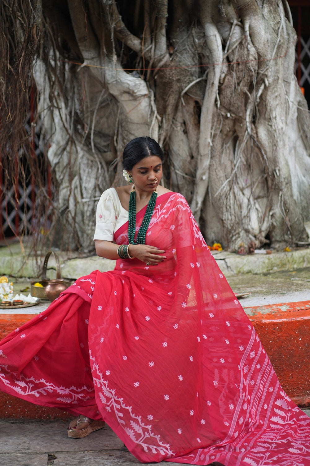 Handloom Red Pujo Jamdani Saree