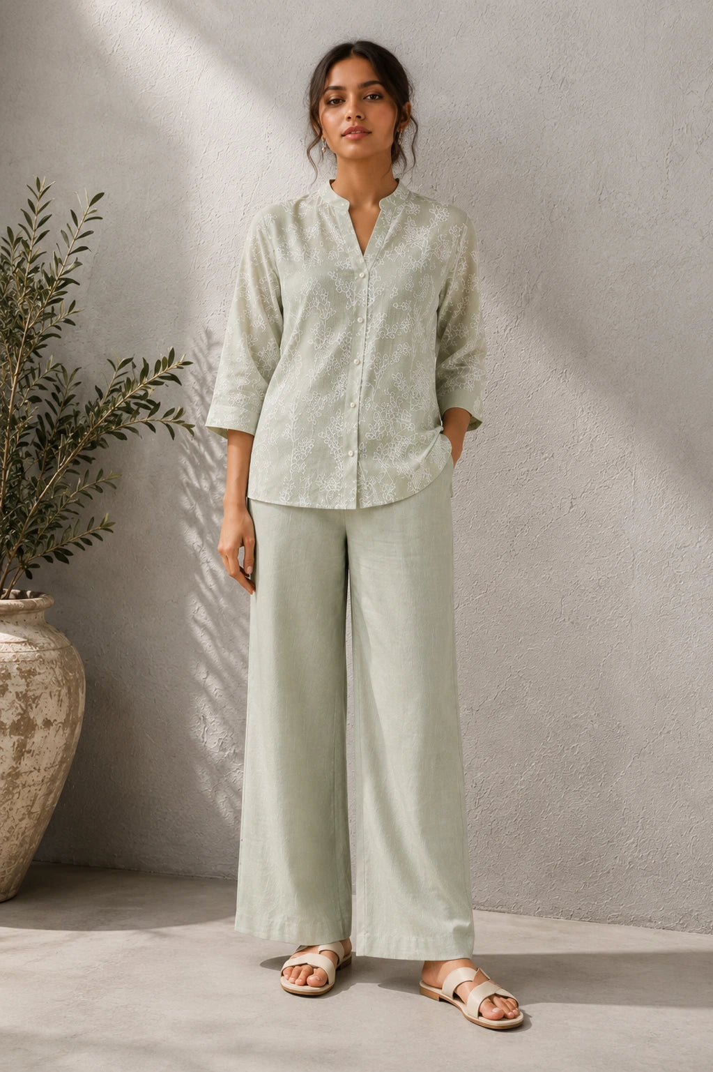 Green Embroidered Linen Co-Ord Set with Elegant Details