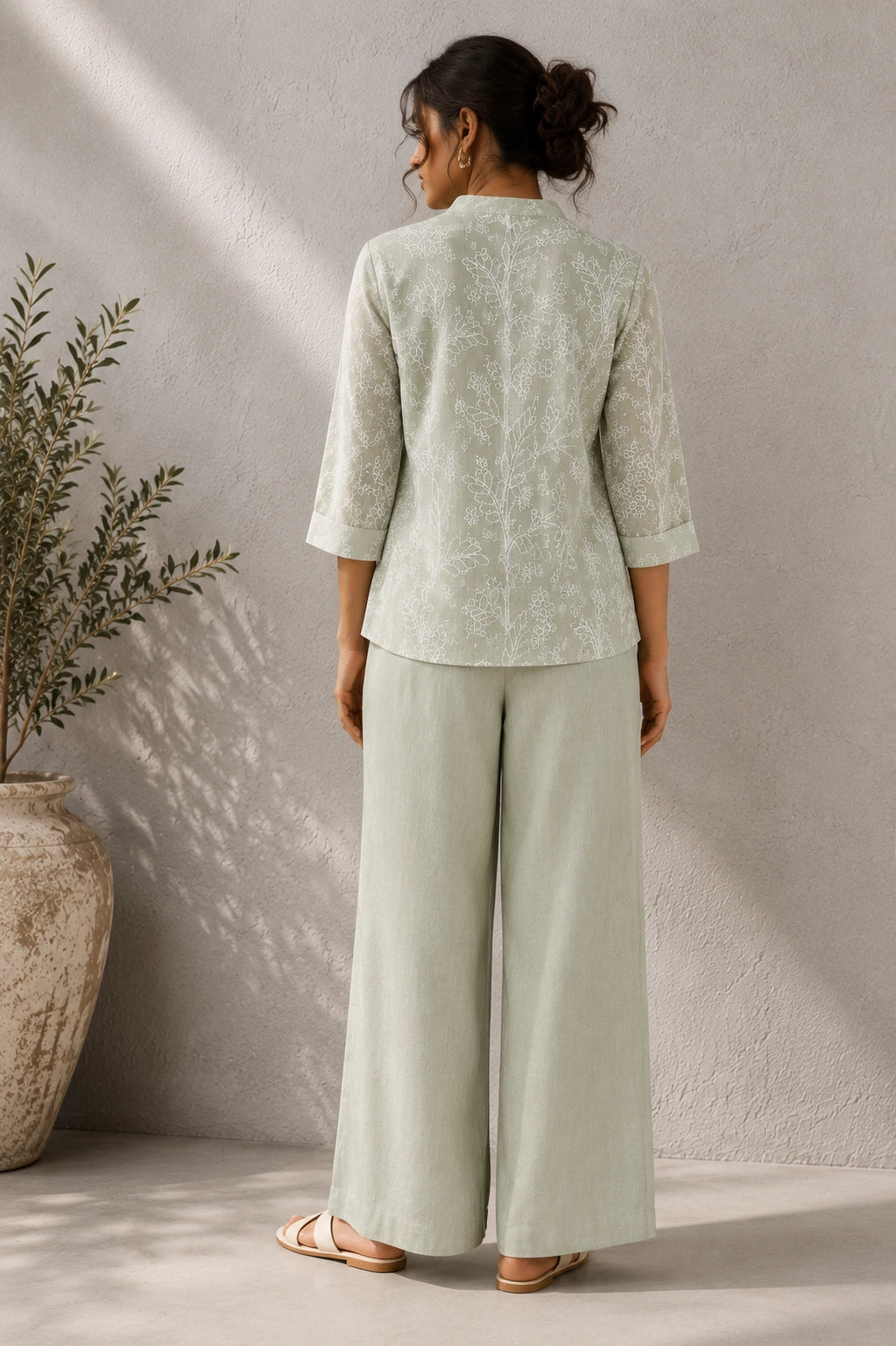 Back View of Green Essence Embroidered Linen Co-Ord Set