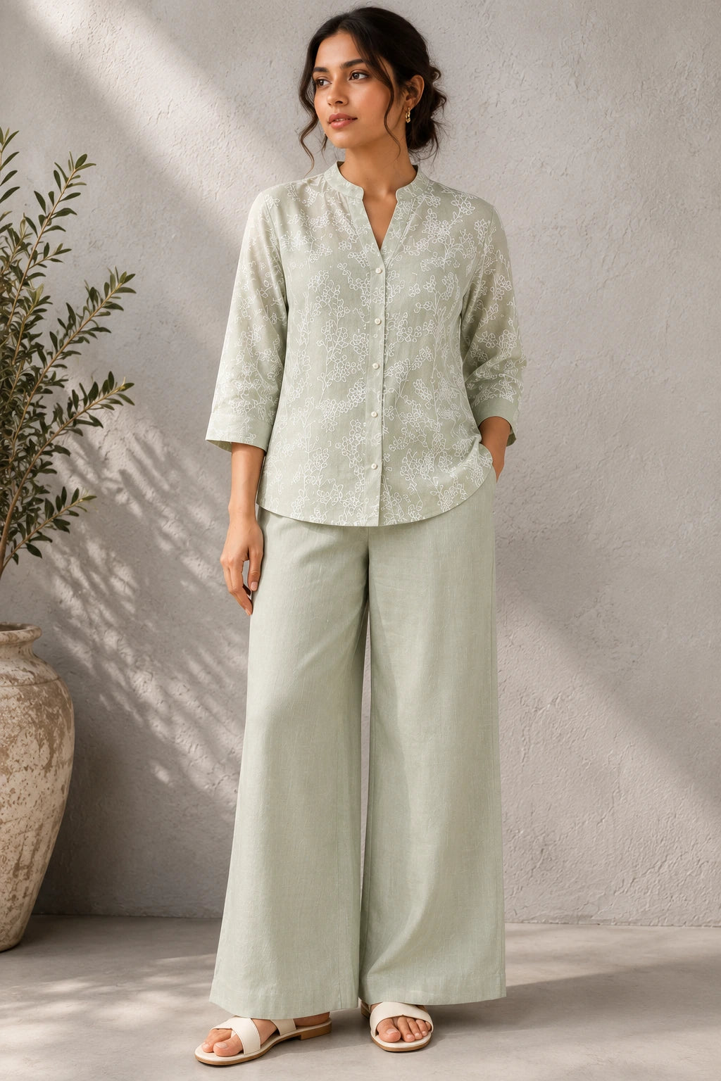 Green Essence Embroidered Linen Co-Ord Set