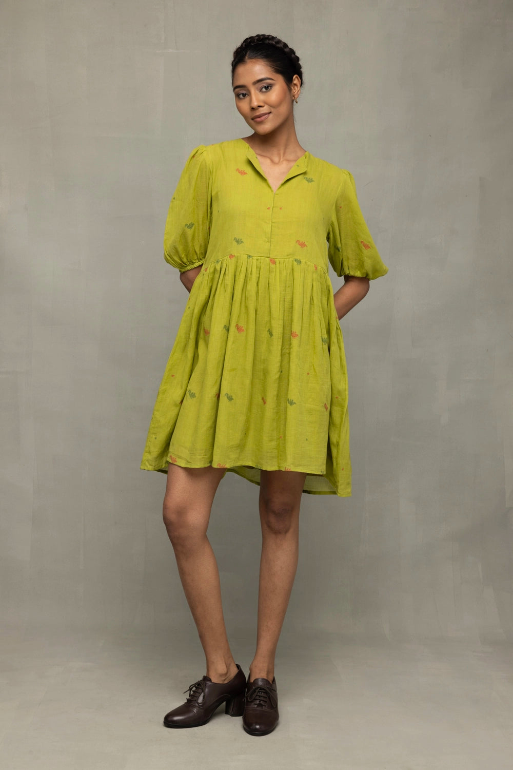 Green Pakhi Pure Cotton Jamdani Dress