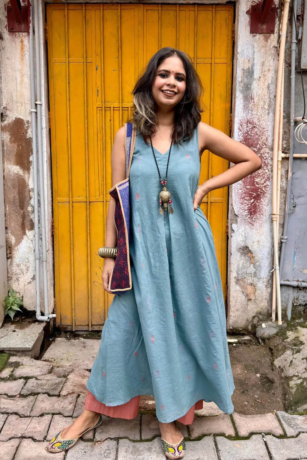 Grey Pure Cotton Jamdani Kurta Set with Relaxed Fit for Summer Wear