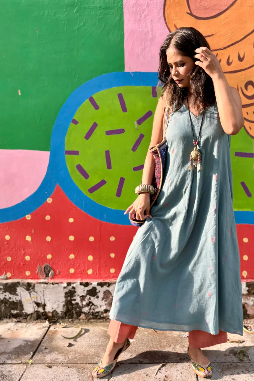 Grey Pure Cotton Jamdani Kurta Set with Three Quarter Sleeves