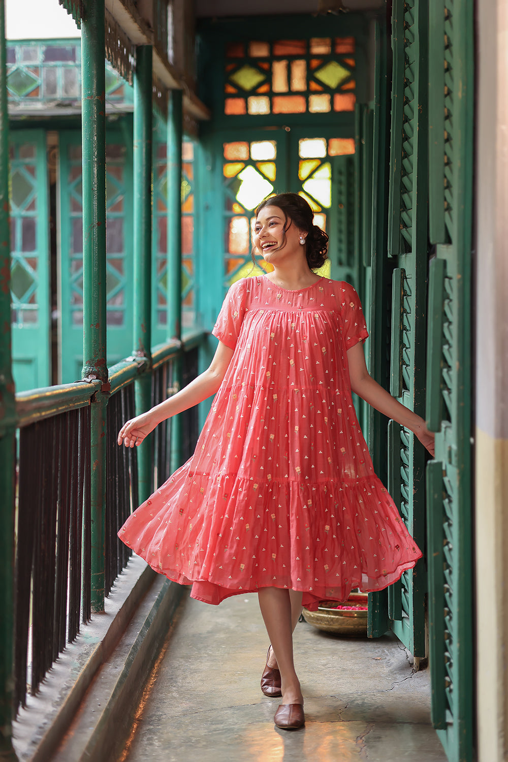 Handcrafted peach echo 
Embroidered Mul Chanderi Dress for Festive Wear