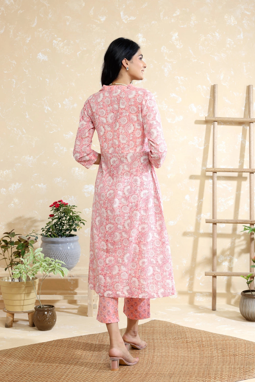 Handcrafted Baby Pink Ditsy Floral Block Print Kurta Set for Casual Wear