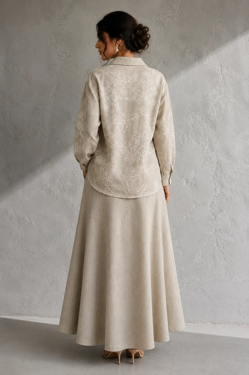Handcrafted Beige Essence Embroidered Linen Skord for Casual Everyday Wear