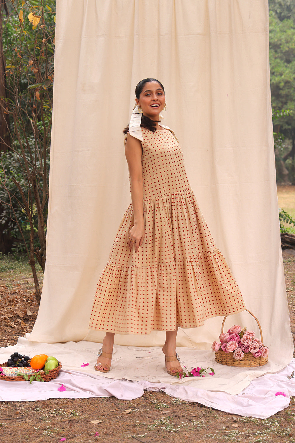 Handcrafted Beige Polka Dot Block Print Cotton Dress for Casual Everyday Wear
