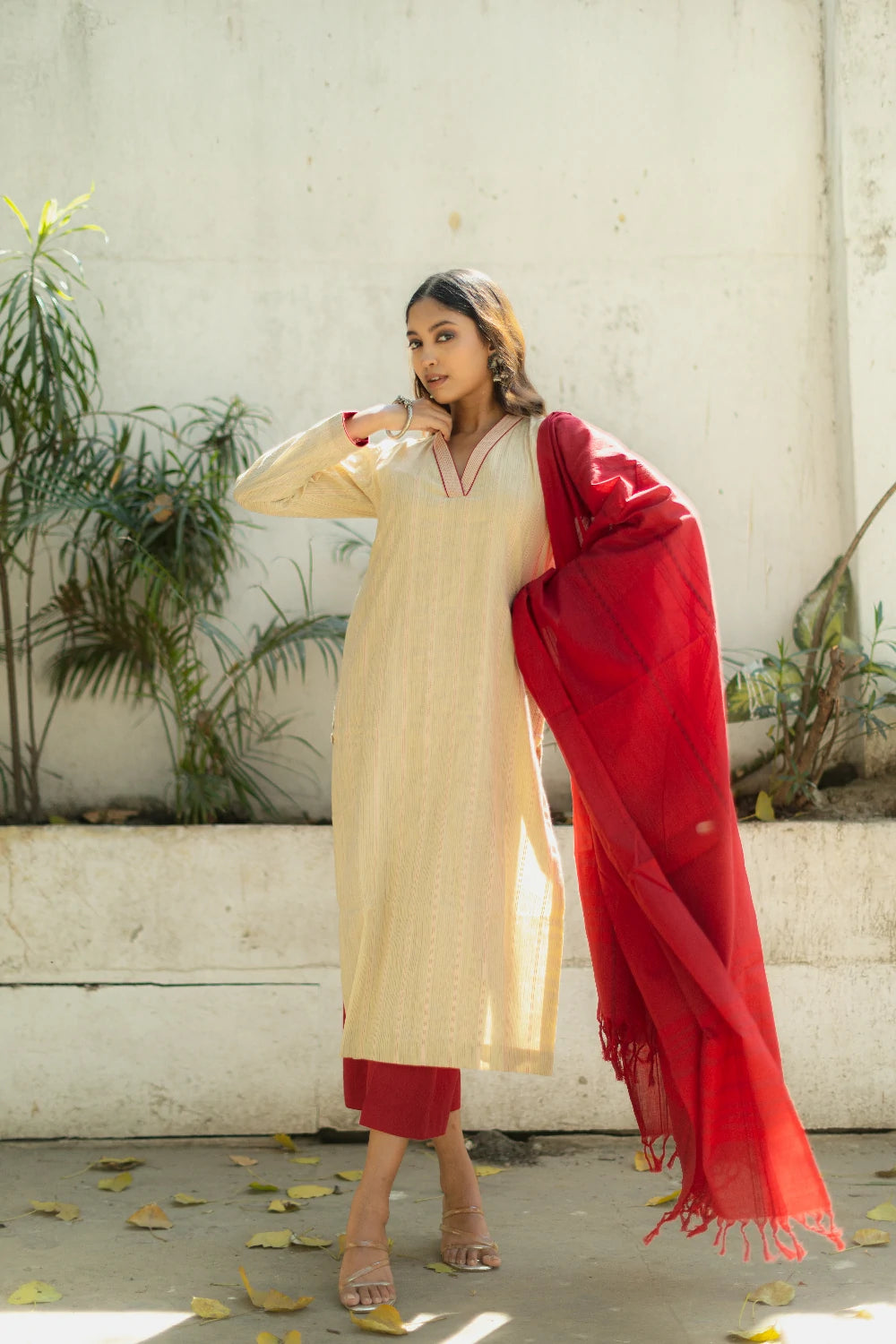 Handcrafted Beige Red South Cotton Woven Kurta Set with Dupatta for Office Wear