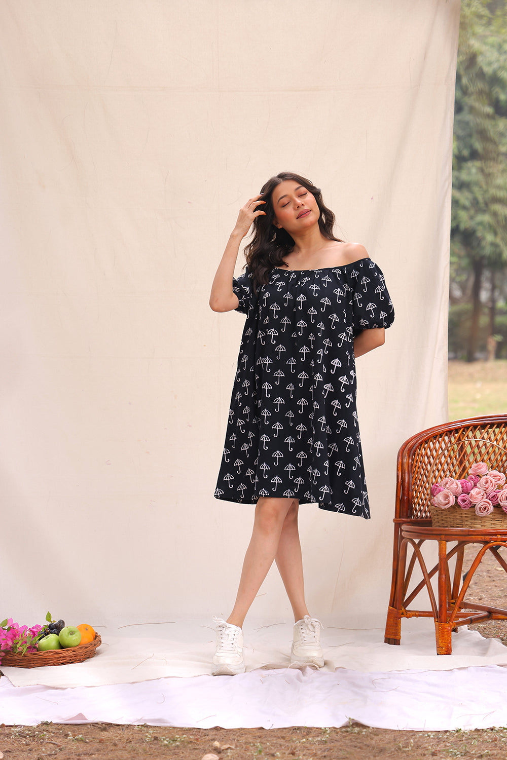 Handcrafted Black Block Print Cotton Dress for Casual Wear