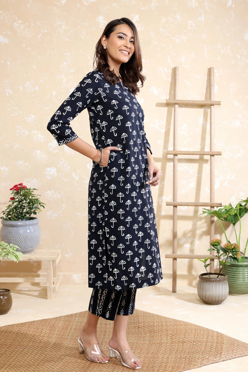 Handcrafted Black Pure Cotton Umbrella Block Print Kurta Set