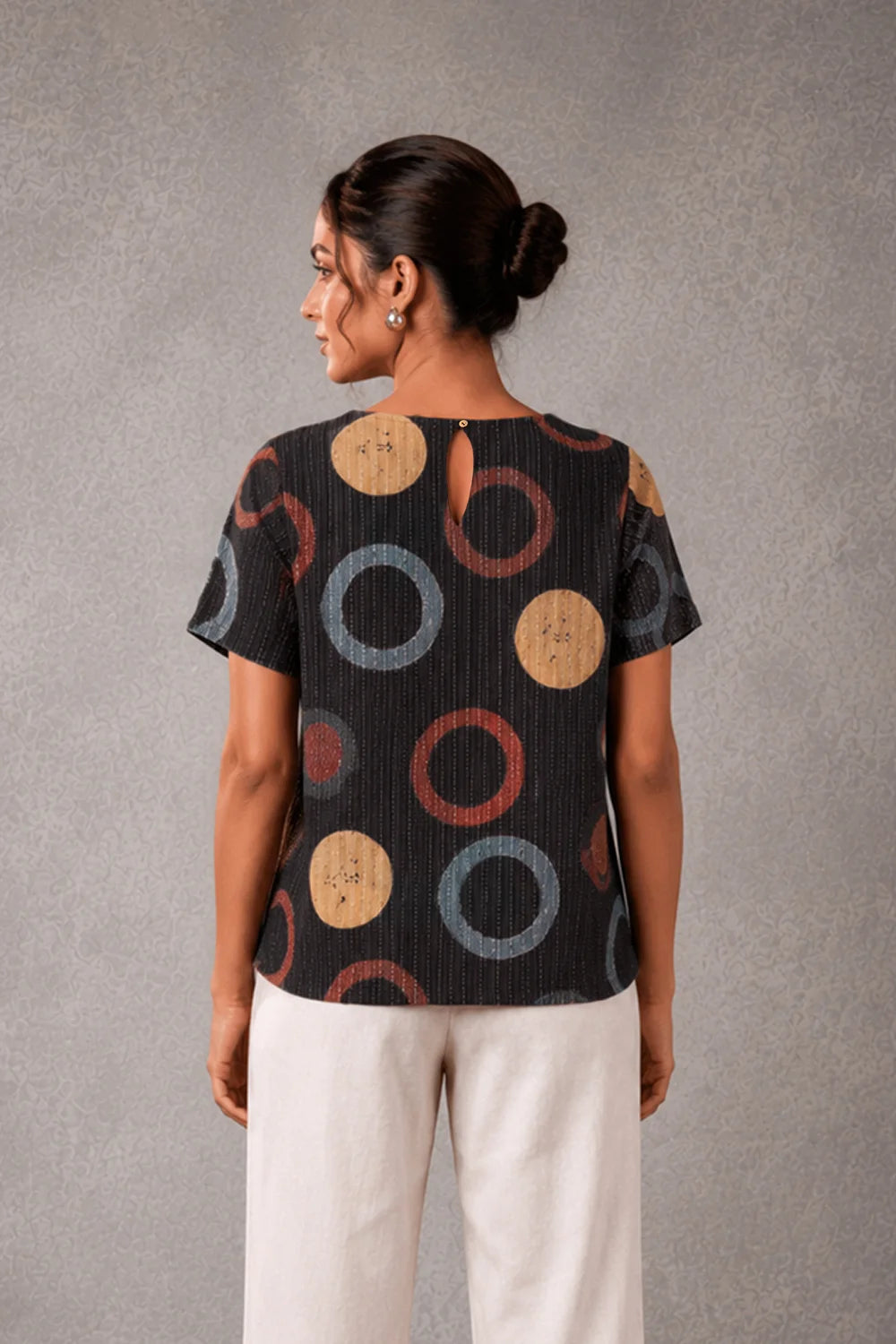 Handcrafted Black Ring Ajrakh Print Top for Casual Everyday Wear