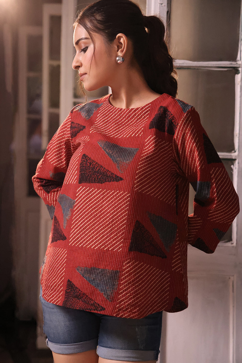 Handcrafted Brick Red Cotton Ajrakh Print Top for Casual Everyday Wear