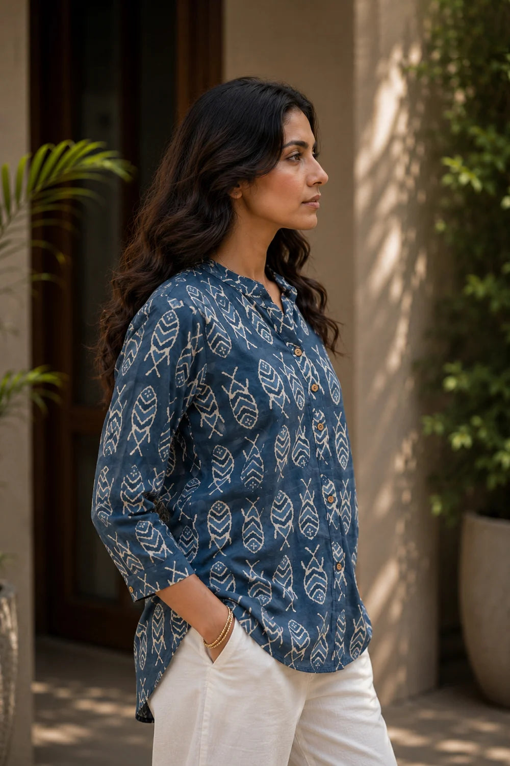 Handcrafted Dark Blue Fish Block Print Cotton Top for Casual Everyday Wear