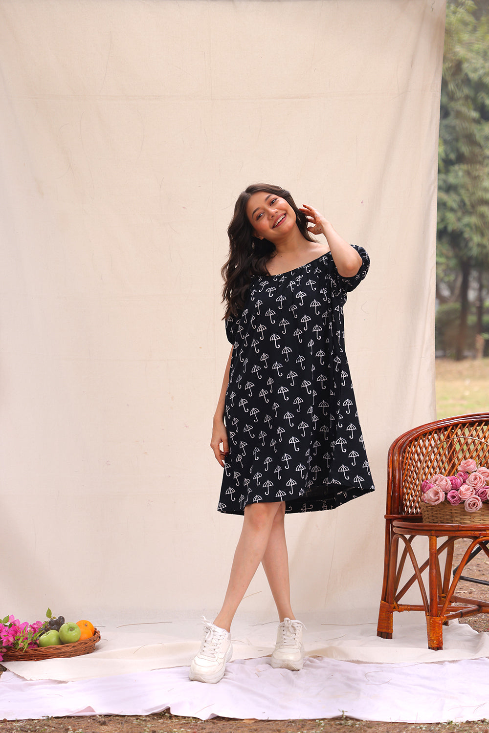 Handcrafted Drizzle Black Block Print Cotton Dress for Casual Everyday Wear