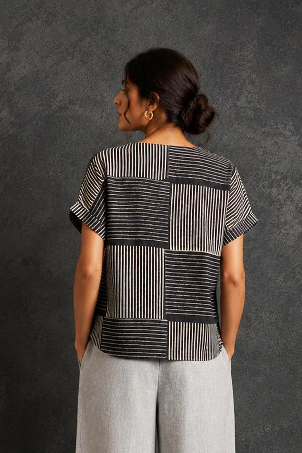 Handcrafted Grey Box Checks Hand Block Print Top for Casual Everyday Wear
