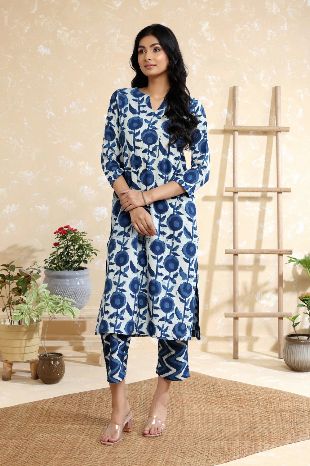 Handcrafted Indigo Pure Cotton Floral Big Block Print Kurta Set