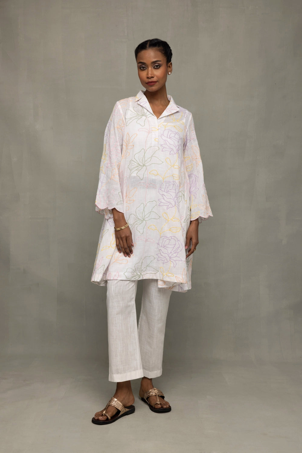 Handcrafted Ivory South Cotton Floral Embroidered Co-ord Set for Festive Wear