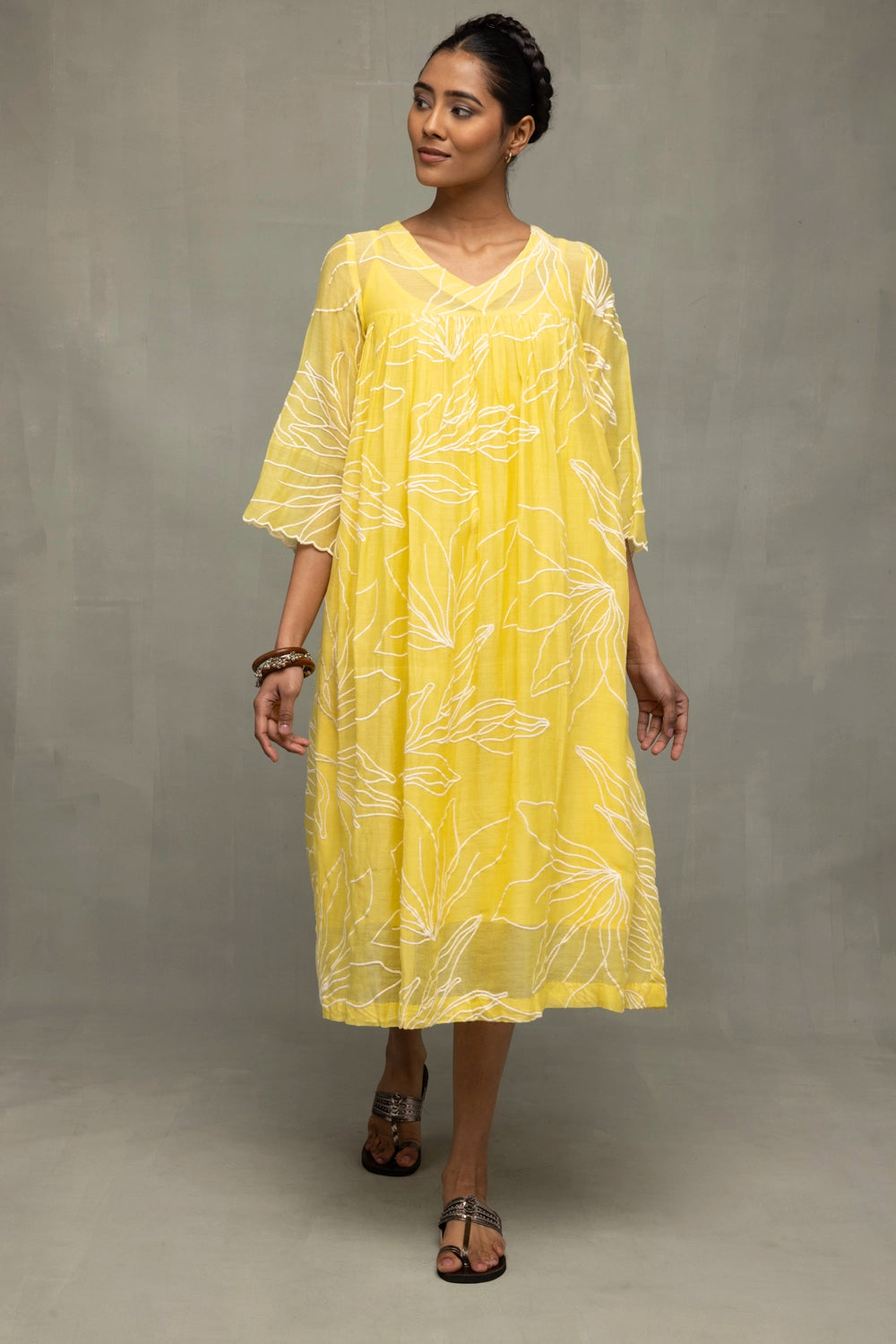 Handcrafted Lemon Light Mul Chanderi Embroidered Dress for Festive Wear