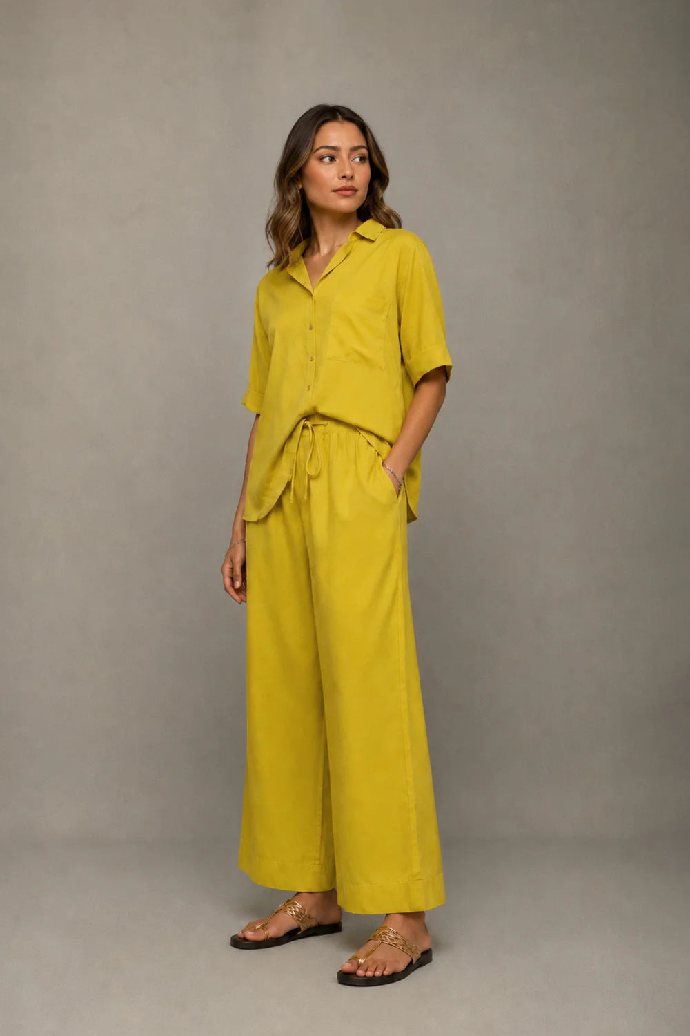 Handcrafted Mustard Yellow Co-ord Shirt and Wide Leg Pant Set
