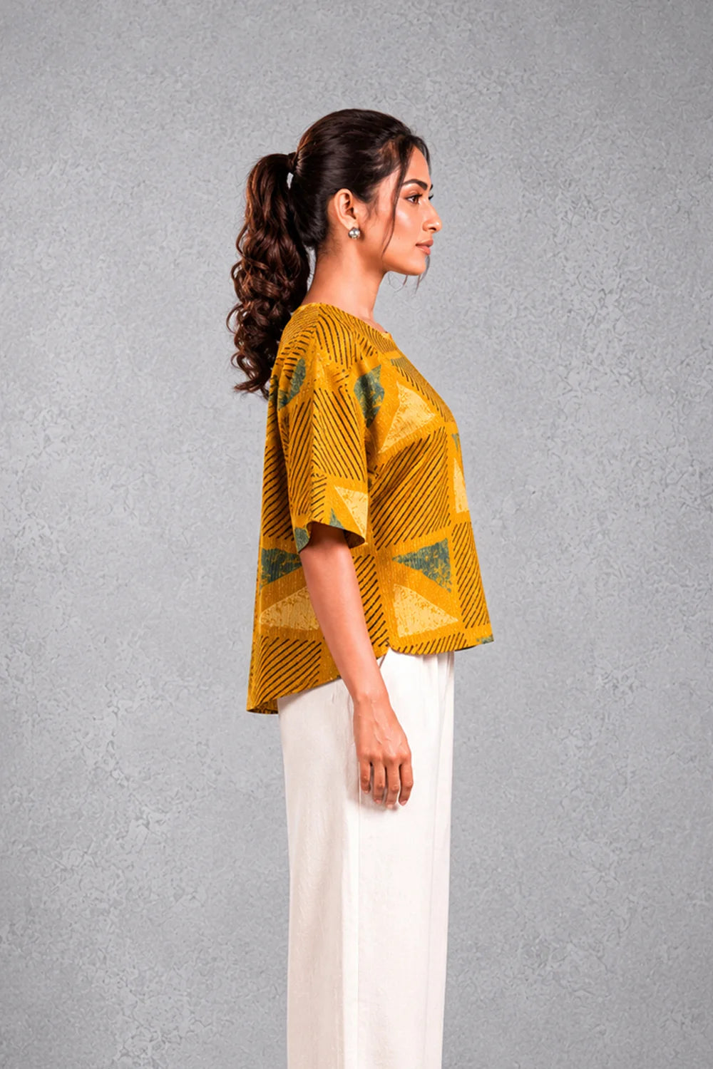 Handcrafted Mustard Yellow Cotton Ajrakh Print Top for Casual Everyday Wear