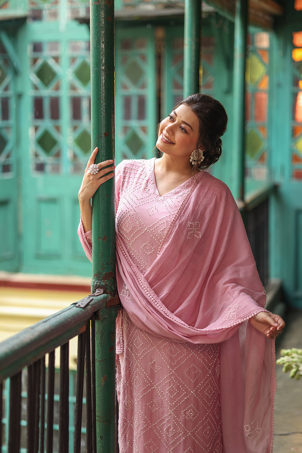 Handcrafted Pastel Pink Mul Chanderi Bandhani Kurta Set with Dupatta