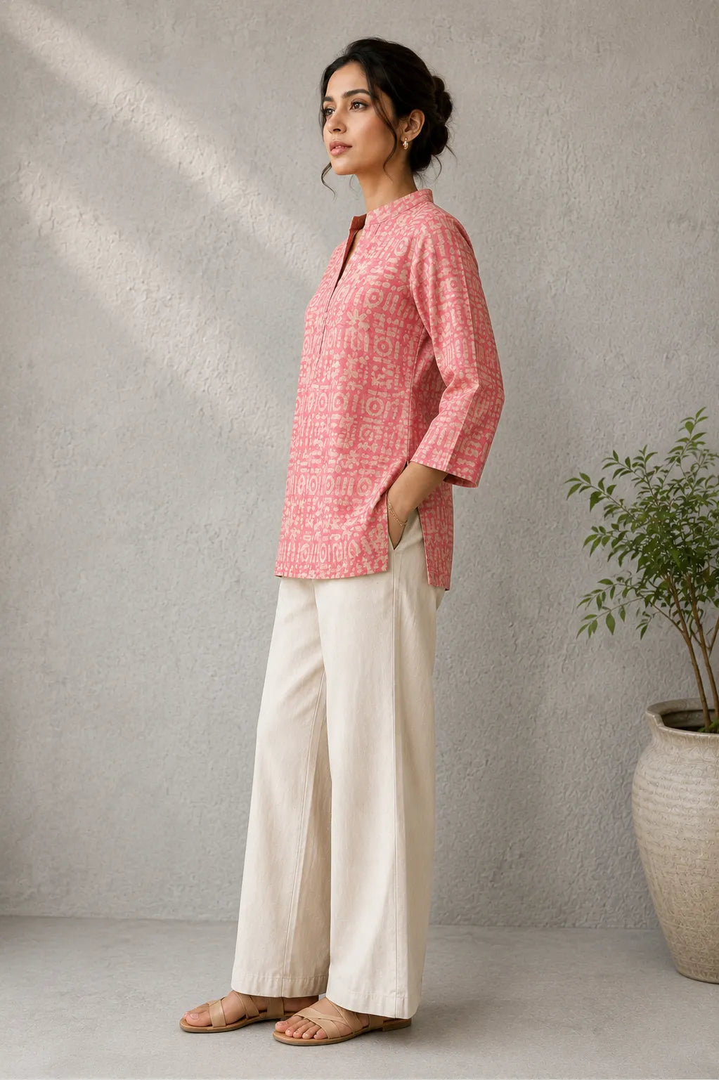 Handcrafted Pink Hand Batik Khadi Cotton Top for Casual Everyday Wear