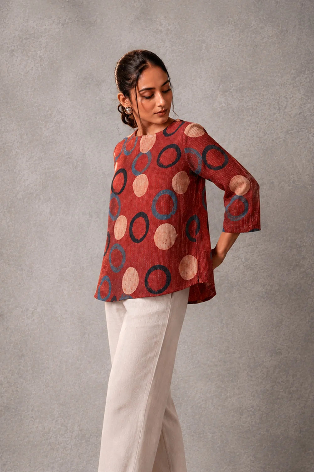 Handcrafted Red Ring Ajrakh Print Top for Casual Everyday Wear