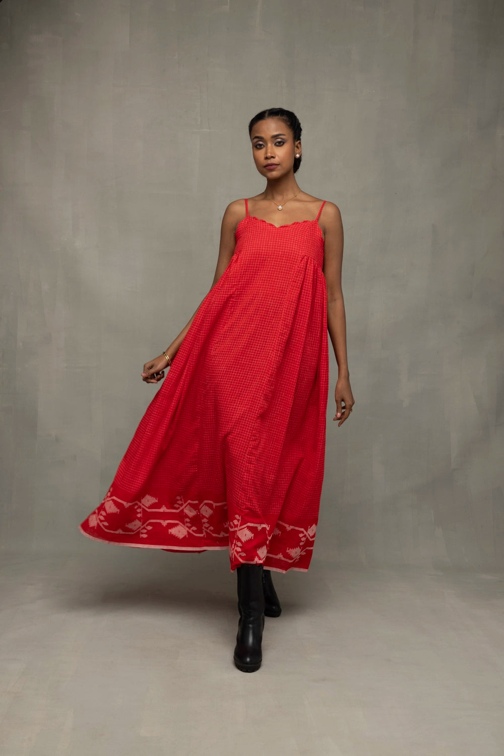 Handcrafted Scarlet Red Pure Cotton Jamdani Dress with Traditional Motifs