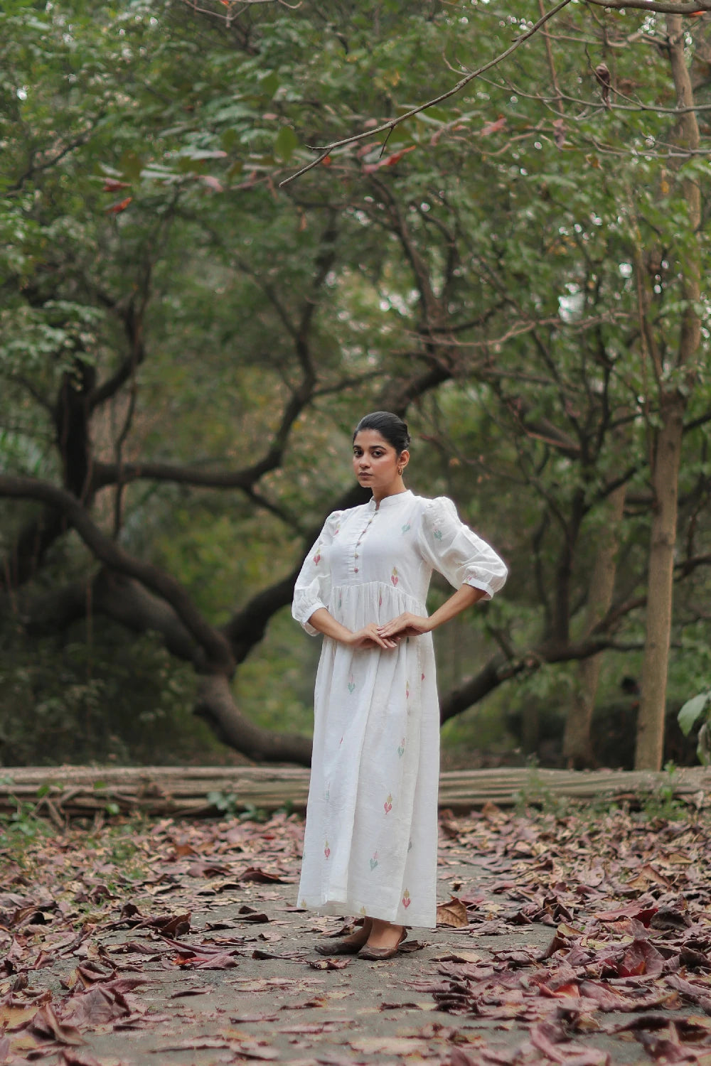 Handcrafted Whimsy White Cotton Jamdani Dress for Casual Wear
