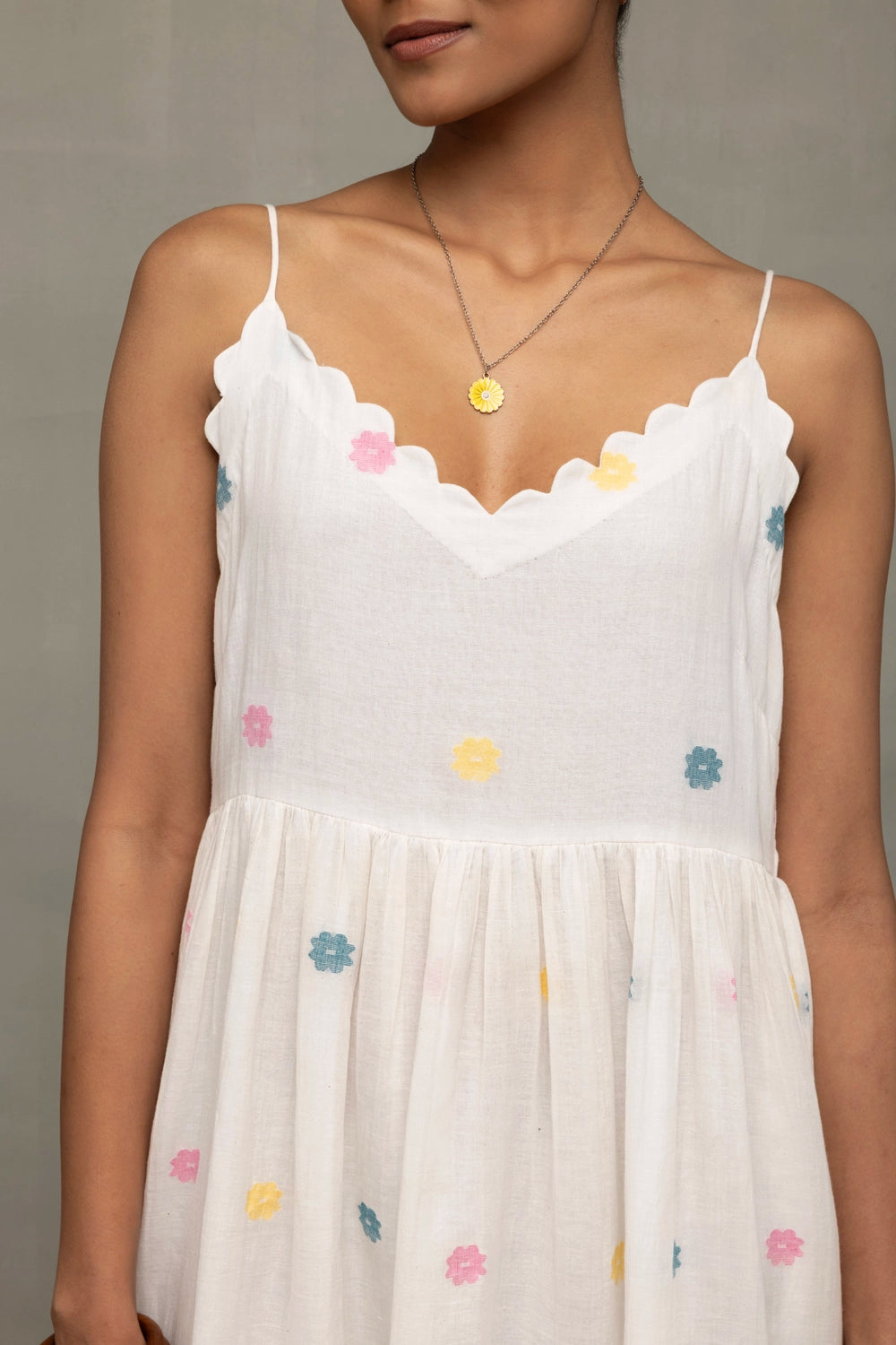 Handcrafted White Cotton Jamdani Dress with Gulrang Floral Motifs