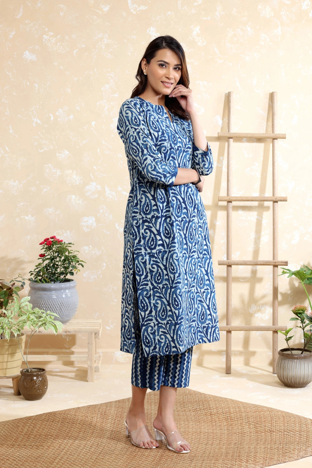 Handcrafted White Indigo Pure Cotton Block Print Kurta Set