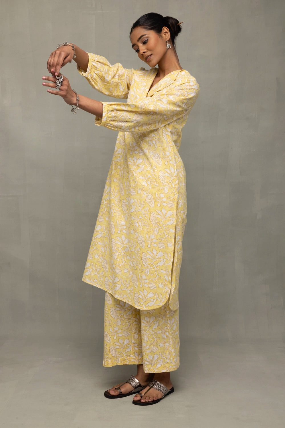 Handcrafted Yellow Gul Jaal Block Print Cotton Co-ord Set