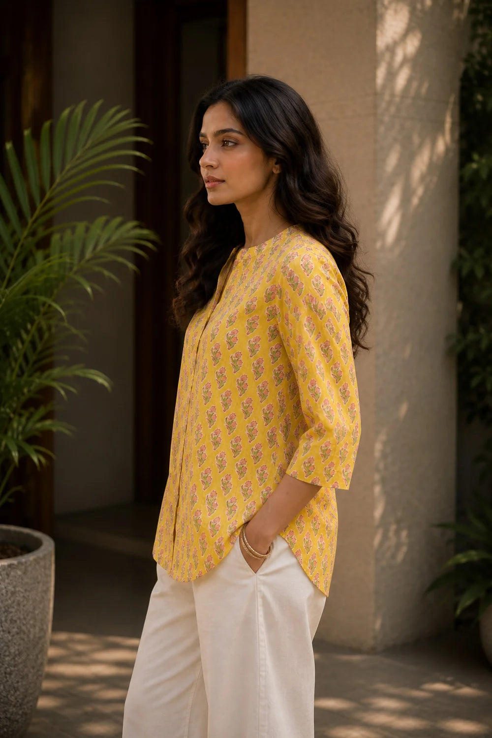 Handcrafted Yellow and Pink Floral Block Print Cotton Top for Casual Everyday Wear