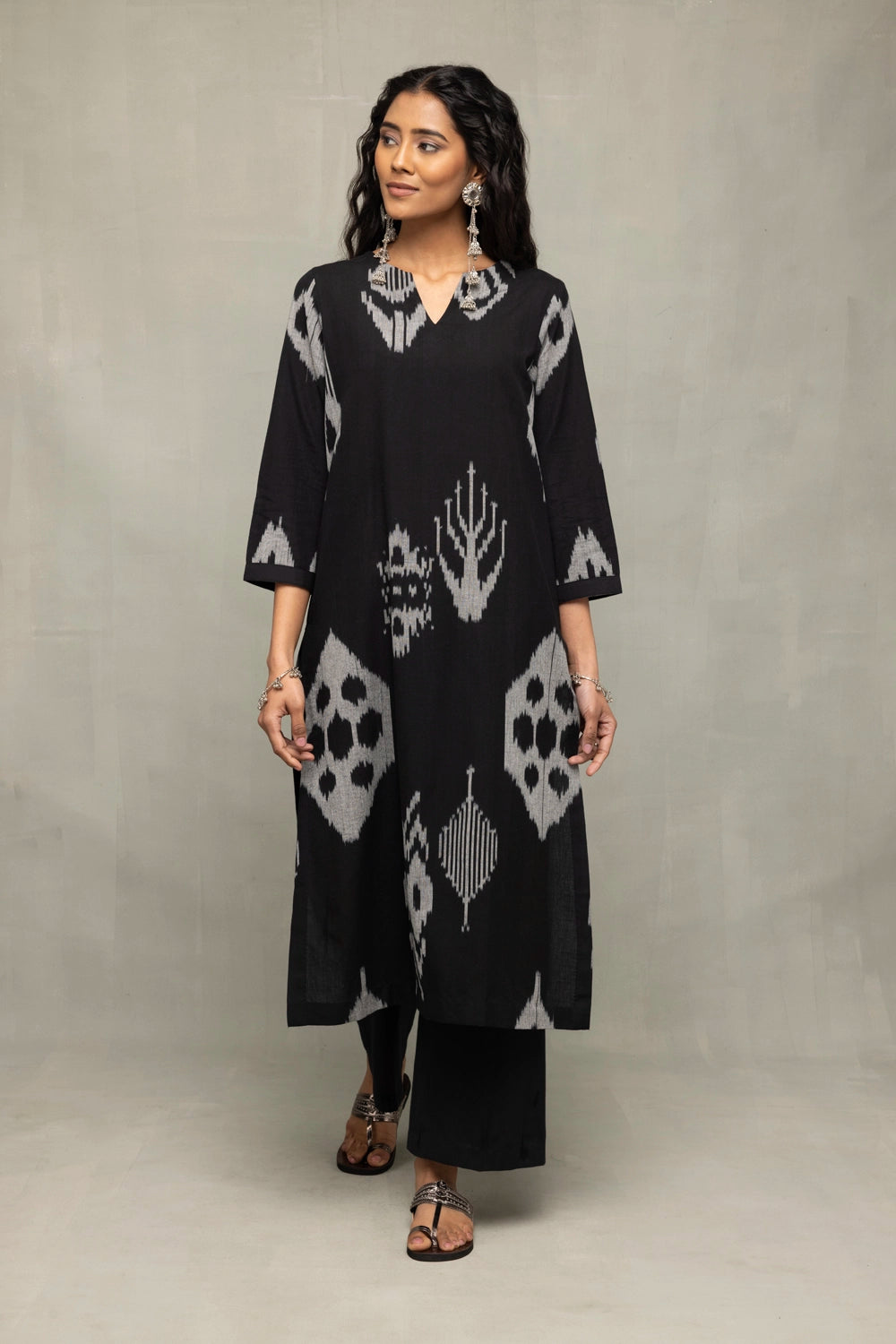 Handloom Black Ikat Abstract Kurta Set with Dupatta for Office