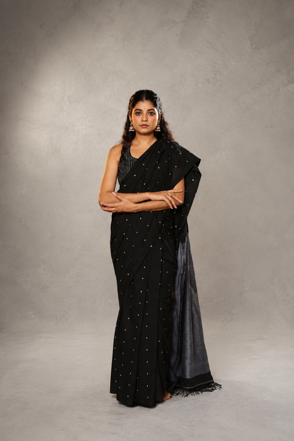 Handloom black polka pure cotton Jamdani saree