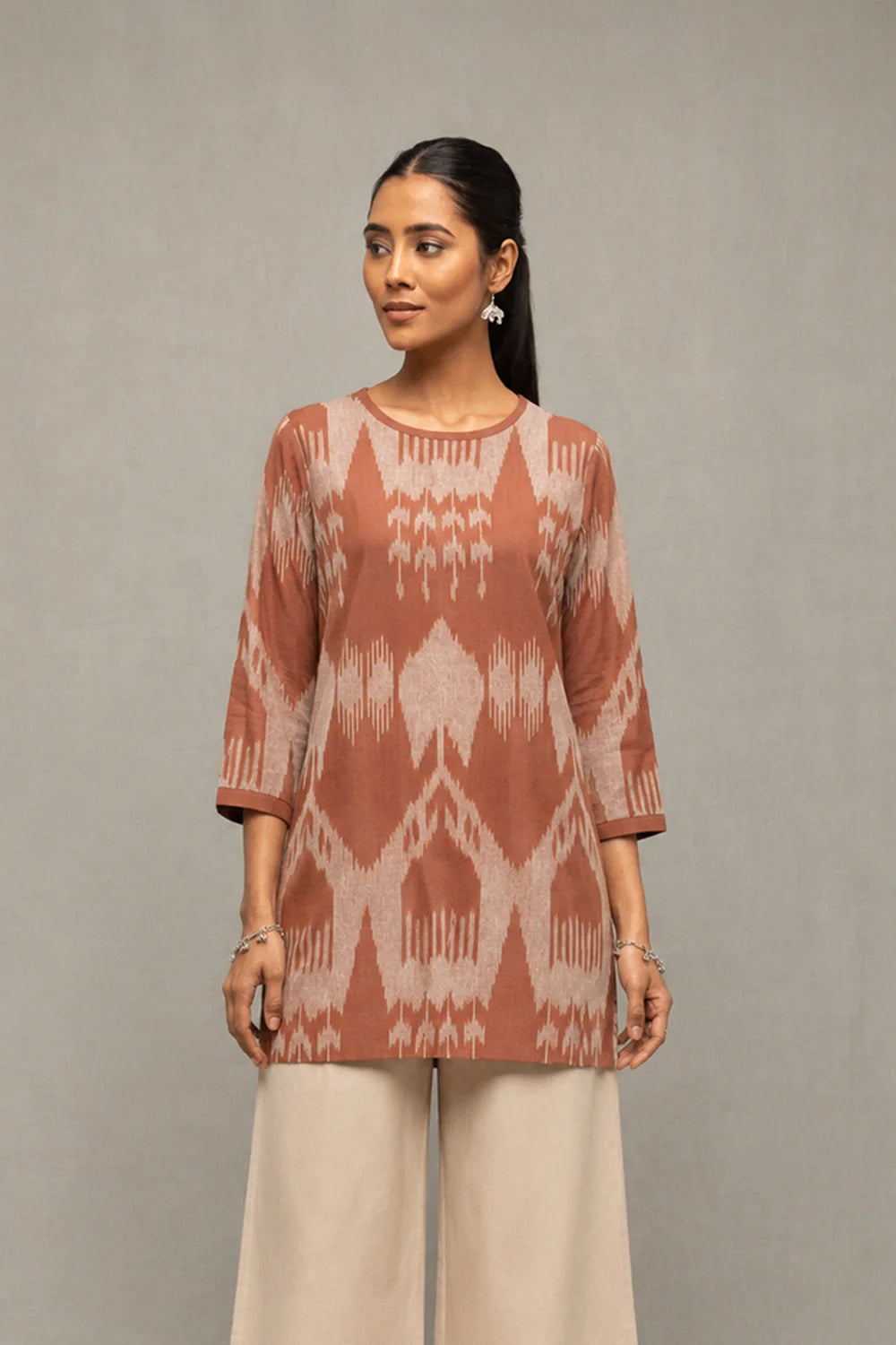 Handloom Brown Abstract Ikkat Short Kurta
