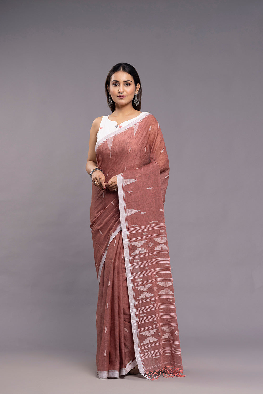Handloom Coral Pink Soft Cotton Jamdani Saree