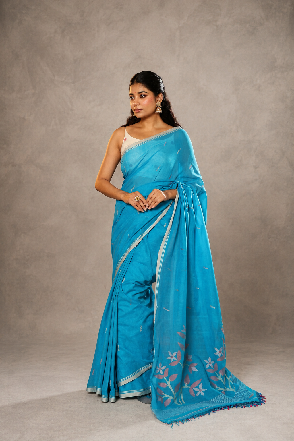 Handloom Firozi pure cotton contemporary Jamdani saree