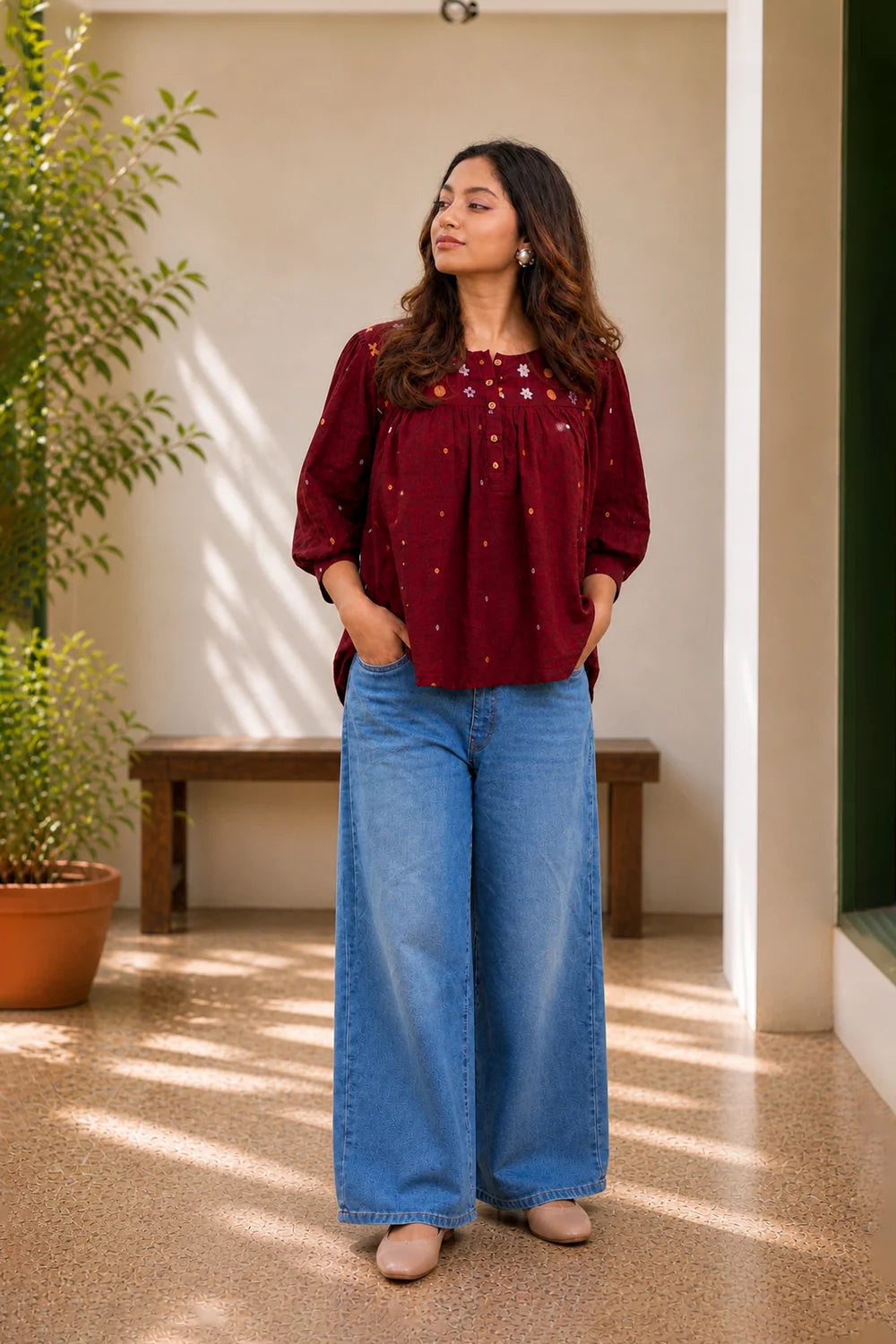 Handwoven Amara Wine Jamdani Top for Casual Everyday Wear