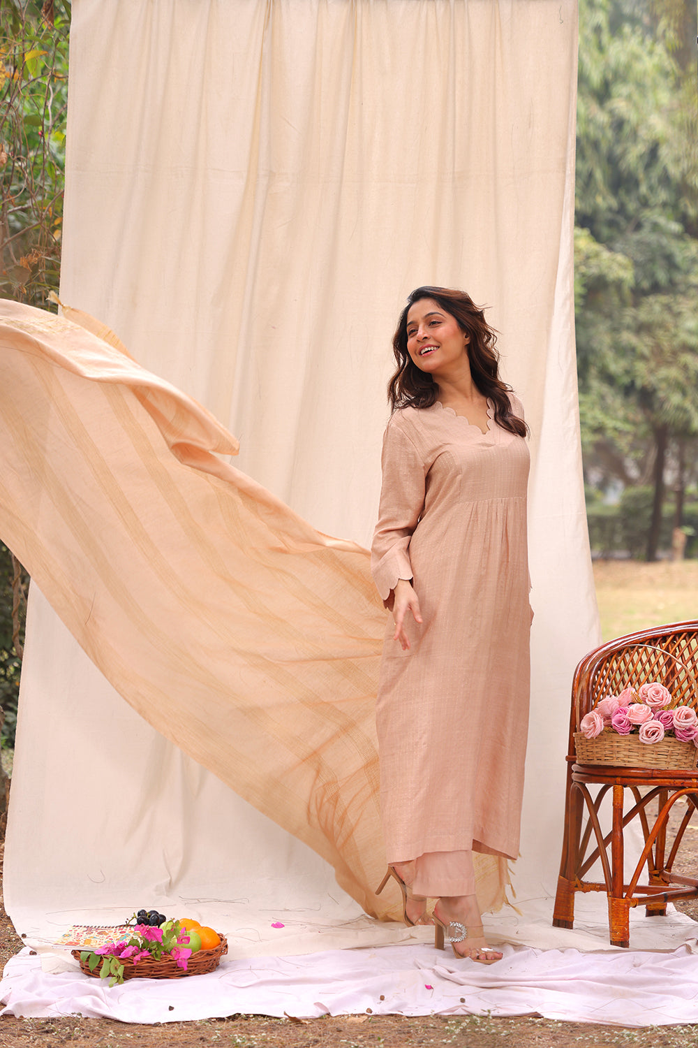 Handwoven Beige Cotton Silk Kurta Set with Traditional Weave and Dupatta