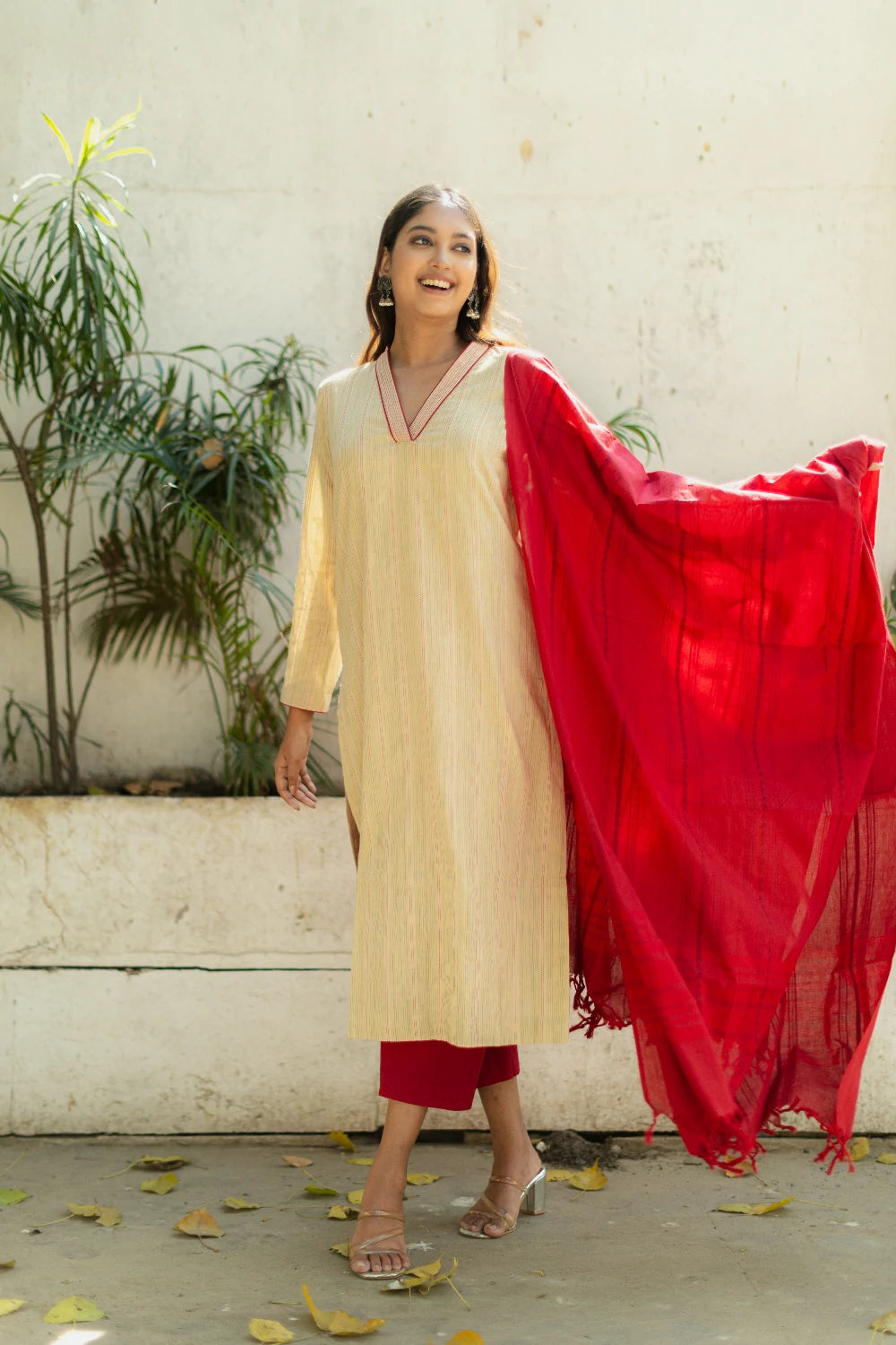 Handwoven Beige Red Pure South Cotton Kurta Set with Traditional Weave and Dupatta